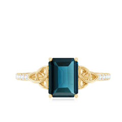 Emerald Cut London Blue Topaz Celtic Engagement Ring with Diamond