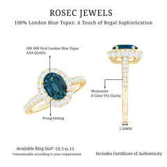 Genuine London Blue Topaz Classic Engagement Ring with Moissanite Halo