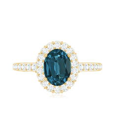Genuine London Blue Topaz Classic Engagement Ring with Moissanite Halo