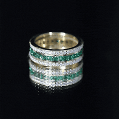 Three Row Lab Created Emerald and Moissanite Wedding Band