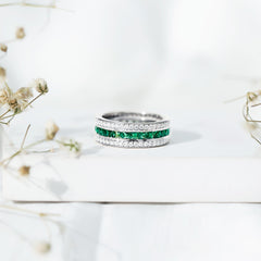 Certified Lab Grown Emerald 3 Row Eternity Wedding Band