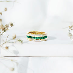 Three Row Lab Created Emerald and Moissanite Wedding Band