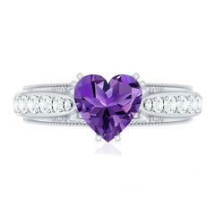 Vintage Style Amethyst Heart Engagement Ring with Diamond