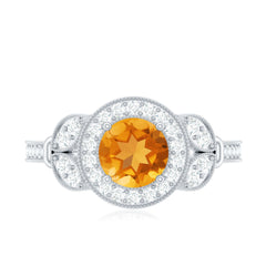 Vintage Style 7mm Citrine Engagement Ring with Diamond Halo