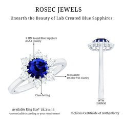 Round Cut Created Blue Sapphire Classic Halo Engagement Ring with Moissanite