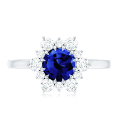Round Cut Created Blue Sapphire Classic Halo Engagement Ring with Moissanite