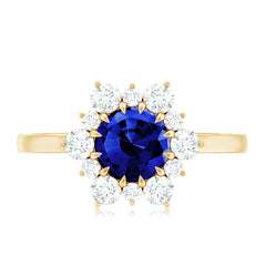 Round Cut Created Blue Sapphire Classic Halo Engagement Ring with Moissanite