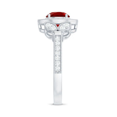 Vintage Inspired Lab Grown Ruby Engagement Ring with Diamond Halo
