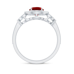 Vintage Inspired Lab Grown Ruby Engagement Ring with Diamond Halo