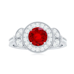Vintage Inspired Lab Grown Ruby Engagement Ring with Diamond Halo