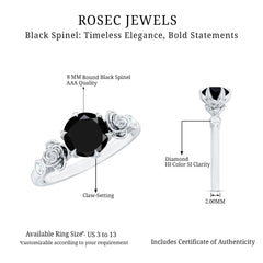 Natural Black Spinel Floral Engagement Ring with Diamond