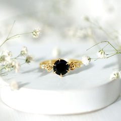 Natural Black Spinel Floral Engagement Ring with Diamond