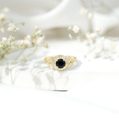 Certified Created Black Diamond Vintage Style Engagement Ring with Diamond