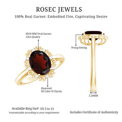 Natural 8X10mm Garnet Vintage Looking Engagement Ring with Diamond