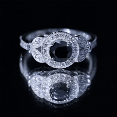 8mm Round Black Onyx Vintage Engagement Ring with Diamond Halo