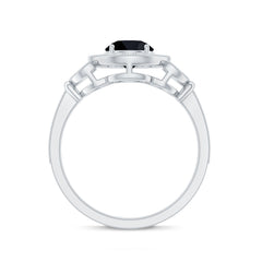 8mm Round Black Onyx Vintage Engagement Ring with Diamond Halo