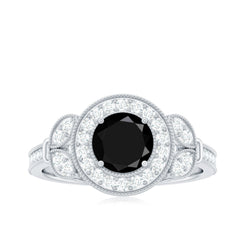 8mm Round Black Onyx Vintage Engagement Ring with Diamond Halo