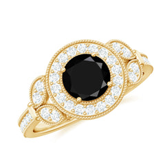 8mm Round Black Onyx Vintage Engagement Ring with Diamond Halo