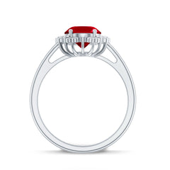 Vintage Style Oval Lab Created Ruby Engagement Ring with Diamonds