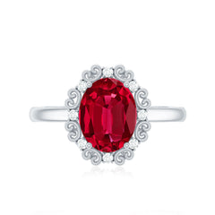 Vintage Style Oval Lab Created Ruby Engagement Ring with Diamonds