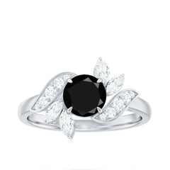 Genuine 8mm Round Black Onyx Floral Engagement Ring with Certificate