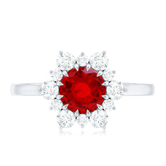 Claw Set Lab Grown Ruby and Diamond Halo Engagement Ring