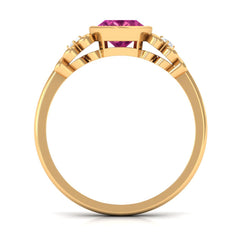 Bezel Set Oval Pink Tourmaline Statement Engagement Ring with Diamond