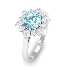 Natural Aquamarine Halo Engagement Ring with Diamond