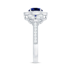 1 Carat Lab Grown Blue Sapphire Engagement Ring with Diamond Floral Halo
