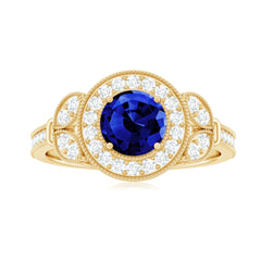 1 Carat Lab Grown Blue Sapphire Engagement Ring with Diamond Floral Halo