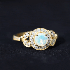 Vintage Inspired Ethiopian Rainbow Opal Engagement Ring with Diamond Halo