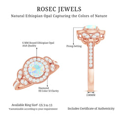 Vintage Inspired Ethiopian Rainbow Opal Engagement Ring with Diamond Halo