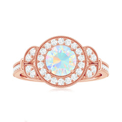 Vintage Inspired Ethiopian Rainbow Opal Engagement Ring with Diamond Halo