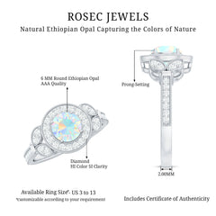 Vintage Inspired Ethiopian Rainbow Opal Engagement Ring with Diamond Halo