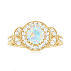 Vintage Inspired Ethiopian Rainbow Opal Engagement Ring with Diamond Halo