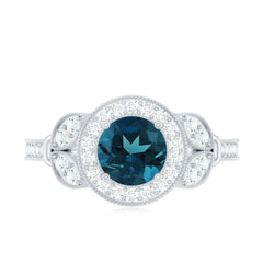 Vintage Inspired London Blue Topaz Engagement Ring with Diamond Halo