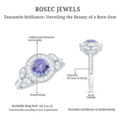 Real Tanzanite Retro Engagement Ring with Diamond Halo