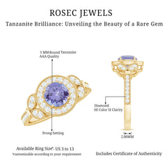 Real Tanzanite Retro Engagement Ring with Diamond Halo