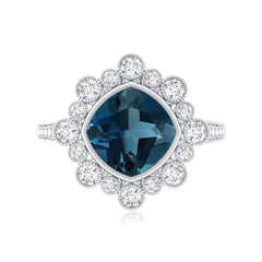 Cushion London Blue Topaz Cocktail Ring with Diamond
