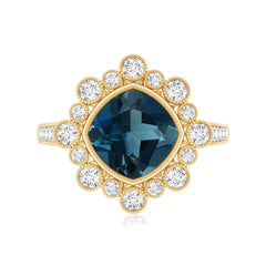 Cushion London Blue Topaz Cocktail Ring with Diamond
