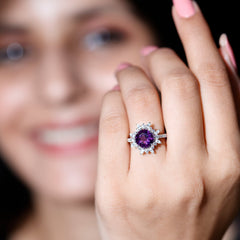Amethyst Designer Engagement Ring with Moissanite Halo
