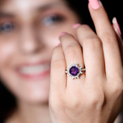Amethyst Designer Engagement Ring with Moissanite Halo