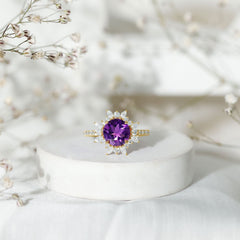 Amethyst Designer Engagement Ring with Moissanite Halo