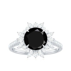 Real Black Spinel Engagement Ring with Moissanite Halo