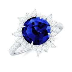 Certified 2.7 Carat Lab Grown Blue Sapphire Engagement Ring with Diamond Halo