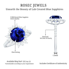 Certified 2.7 Carat Lab Grown Blue Sapphire Engagement Ring with Diamond Halo