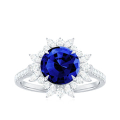 Certified 2.7 Carat Lab Grown Blue Sapphire Engagement Ring with Diamond Halo