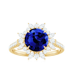Certified 2.7 Carat Lab Grown Blue Sapphire Engagement Ring with Diamond Halo