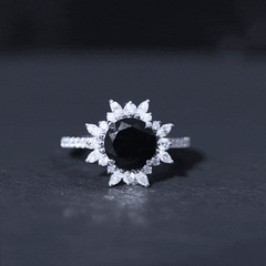 Round Created Black Diamond Statement Ring with Moissanite Floral Halo