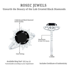 Round Created Black Diamond Statement Ring with Moissanite Floral Halo